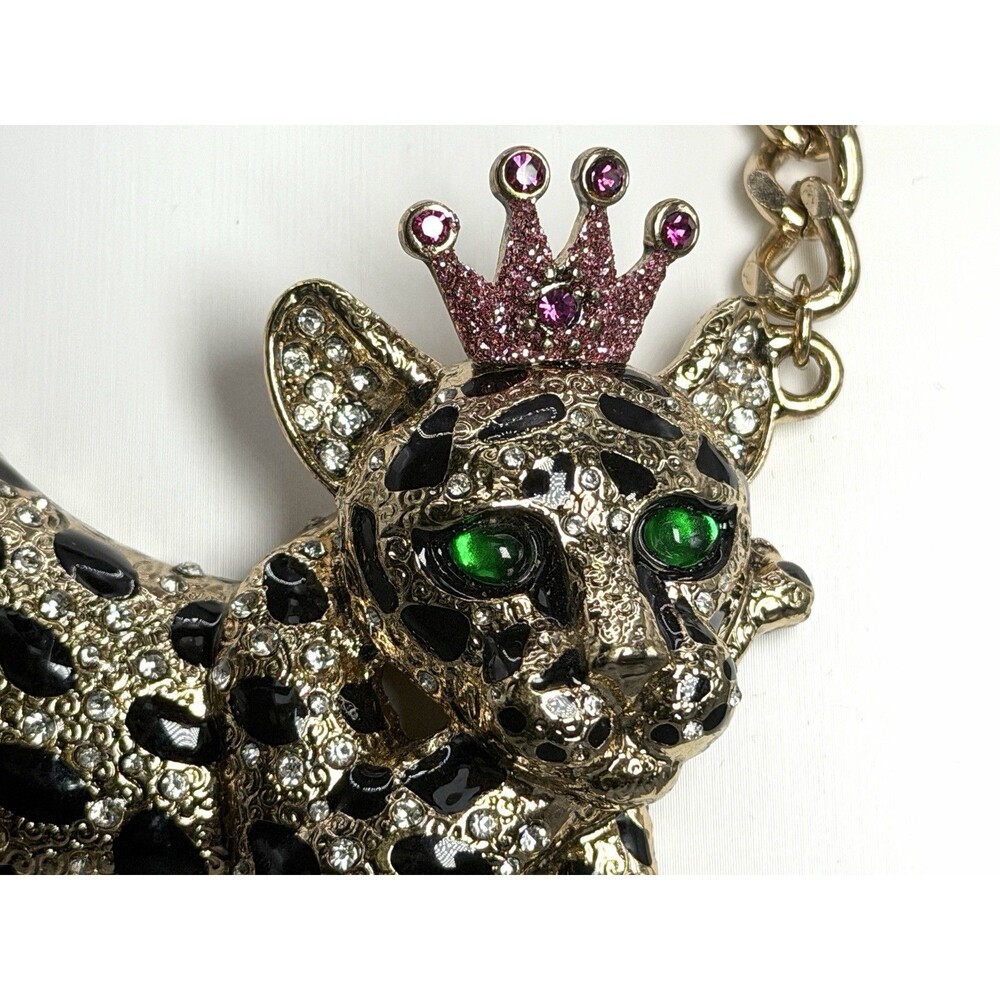 Betsey Johnson Leopard Queen Crown Crystal Statement Necklace Rare - Picture 5 of 9